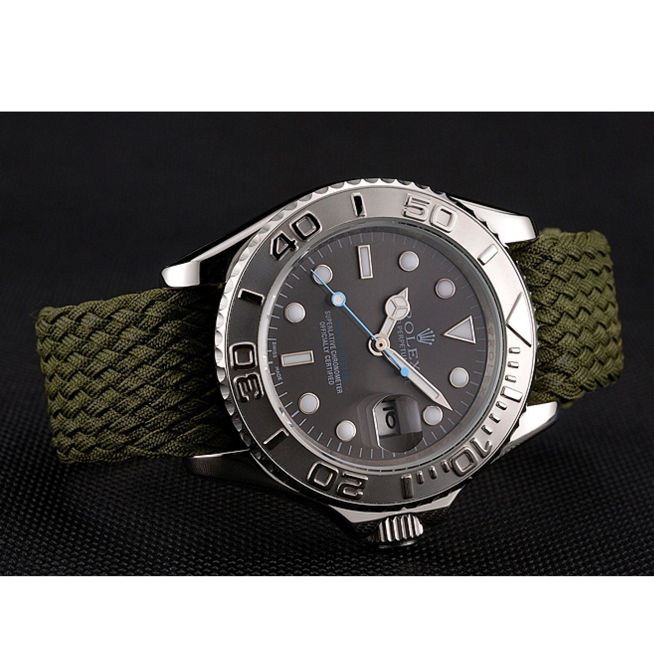 Aaa replica watch Green Fabric Yacht Rolex Master 1453869 Bracelet Green Dial 0823